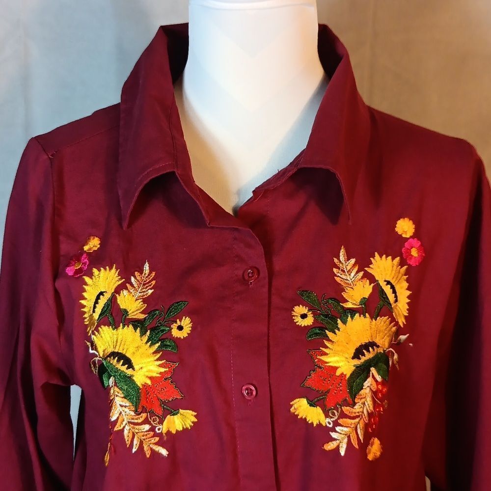 Collections Etc. Maroon Button Down Shirt with Floral Embroidery - Picture 2 of 6